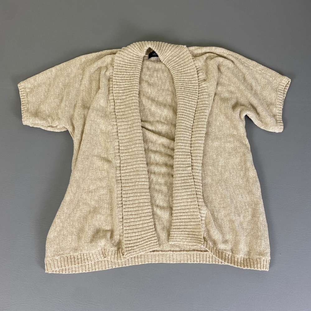 VERVE Cardigan Sweater Women's 1X Beige Metallic Knit Short Sleeve Open Front‎